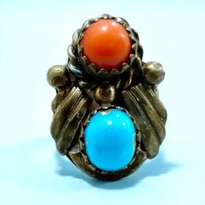 Turquoise Coral Native American Clyde Davis Ring Size 6.25